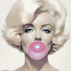 Vintage hairstyle woman blowing pink bubble gum bubble in light background.