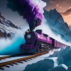 Vintage train with purple smoke in snowy mountain landscape