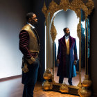 Man in elegant attire beside mirror under warm lighting