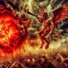 Winged mythical creature with flaming spear over blazing wildfire