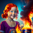 Red-haired girl in purple shirt smiles by bright fire