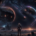 Astronaut on alien landscape with massive planets and glowing nebulas