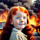 Red-haired girl smiling with fire and smoke background.