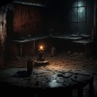 Dimly Lit Burnt Room with Debris and Lanterns