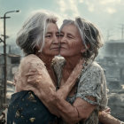 Elderly women with long grey hair holding hands in desert gaze.