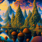 Surreal landscape with stylized trees, hills, lake, houses & celestial elements