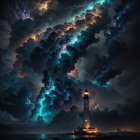 Dramatic night sky with illuminated clouds and lighthouse beacon piercing darkness