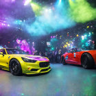 Vibrant sports cars at lively event with colorful lights and crowd