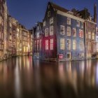 Twilight cityscape with illuminated buildings, pink tree, river, bridges, and boats