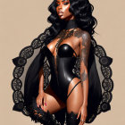 Illustration of woman with long black hair, tattoos, black bodysuit, cape, spiked heels