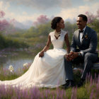 Wedding couple in attire by lake with pink flowers and trees