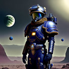 Regal figure in blue armor on alien landscape with hovering ships