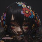 Hyper-realistic portrait emerges from reflective surface with multicolored floral patterns and striking eyes