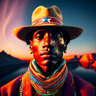 Colorful Cowboy Hat and Scarf Against Mountain Sunset