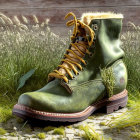 Green Leather Boot with Brown Laces on Soil Amidst Grass and Plants