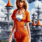 Blond woman in orange medical uniform with clipboard in industrial setting