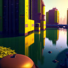 Futuristic cityscape with cylindrical buildings by green river at sunrise