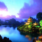 Twilight scene: illuminated pagoda and pavilion by calm lake