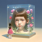 Young girl in pink dress with oversized head sculpture in glass cube