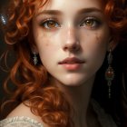 Portrait of woman with curly red hair, amber eyes, freckles, elegant earrings, cream dress