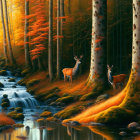 Autumn forest scene: deer by stream, golden leaves, mossy rocks.