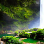 Tranquil waterfall cascading into moss-covered cave pool