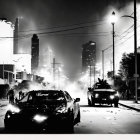 Monochrome image of devastated street with burnt-out cars and buildings ablaze