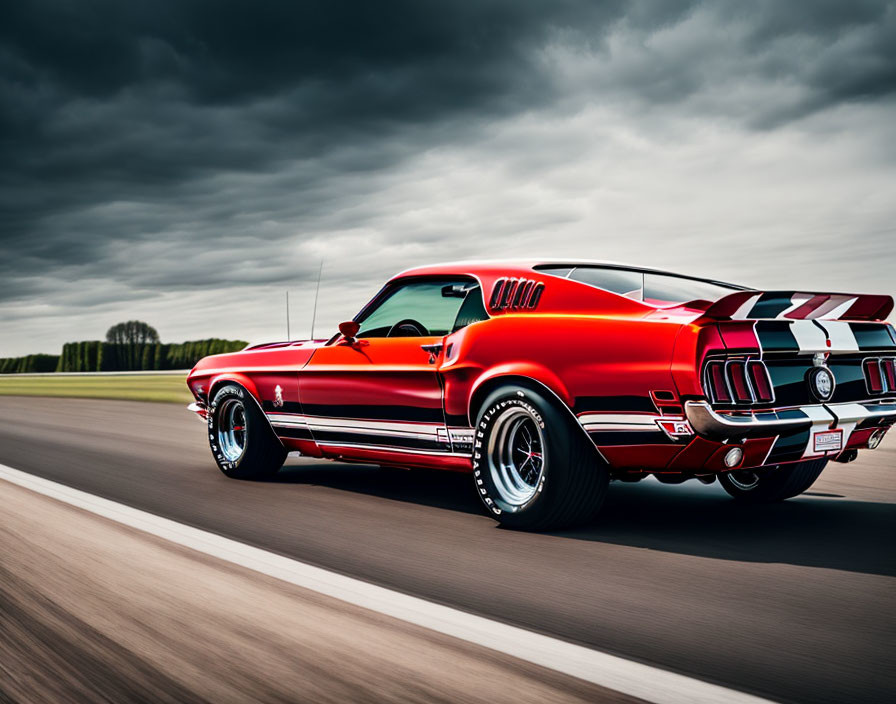 Vintage Red Mustang with Racing Stripes on Asphalt Road under Cloudy Sky