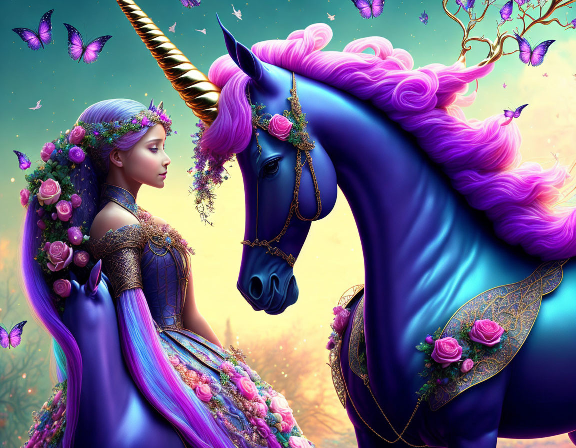 Fantastical image of woman with purple hair and blue unicorn in mythical landscape