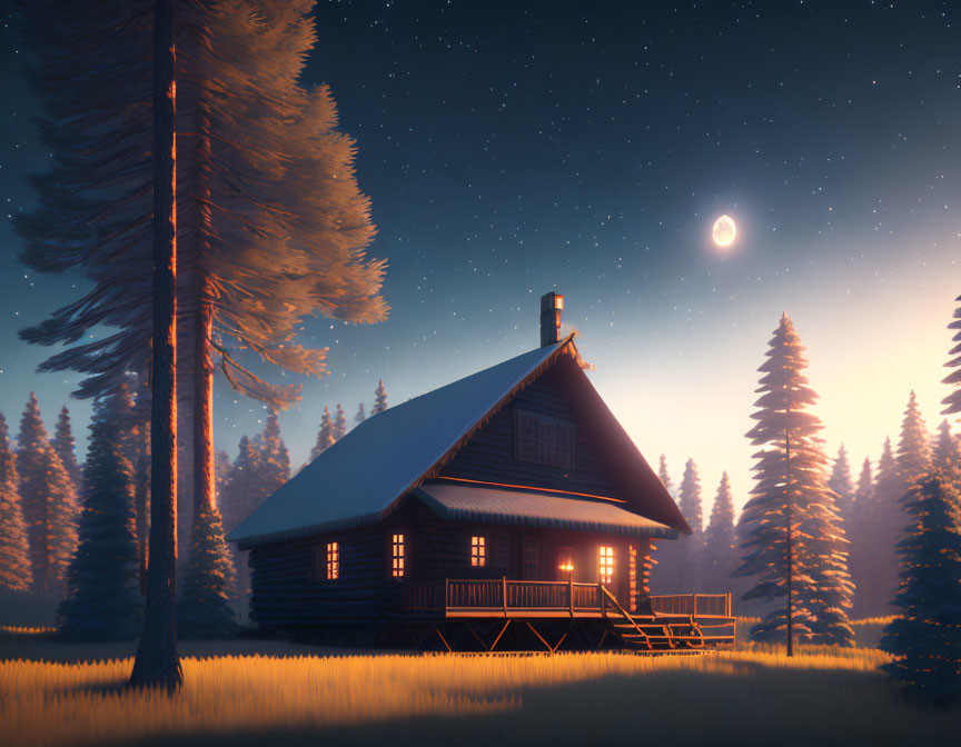 Cozy wooden cabin in forest under starry sky and crescent moon