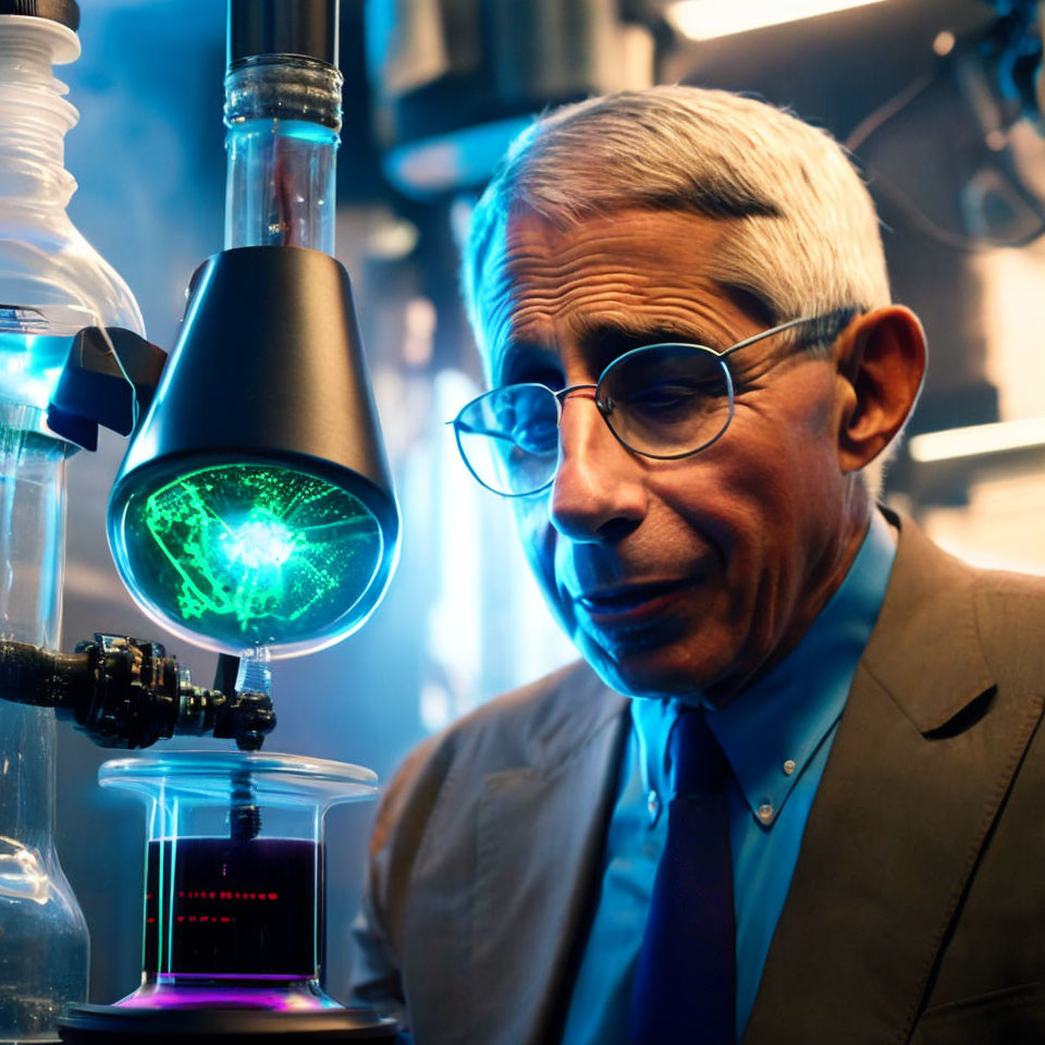 Scientist in Glasses Observing Green Substance in Laboratory Flask