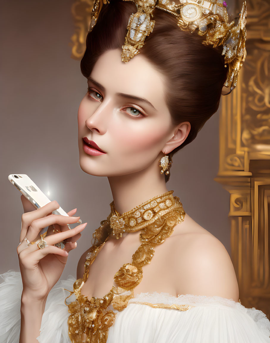 Regal woman in gold crown and white dress with phone on brown background