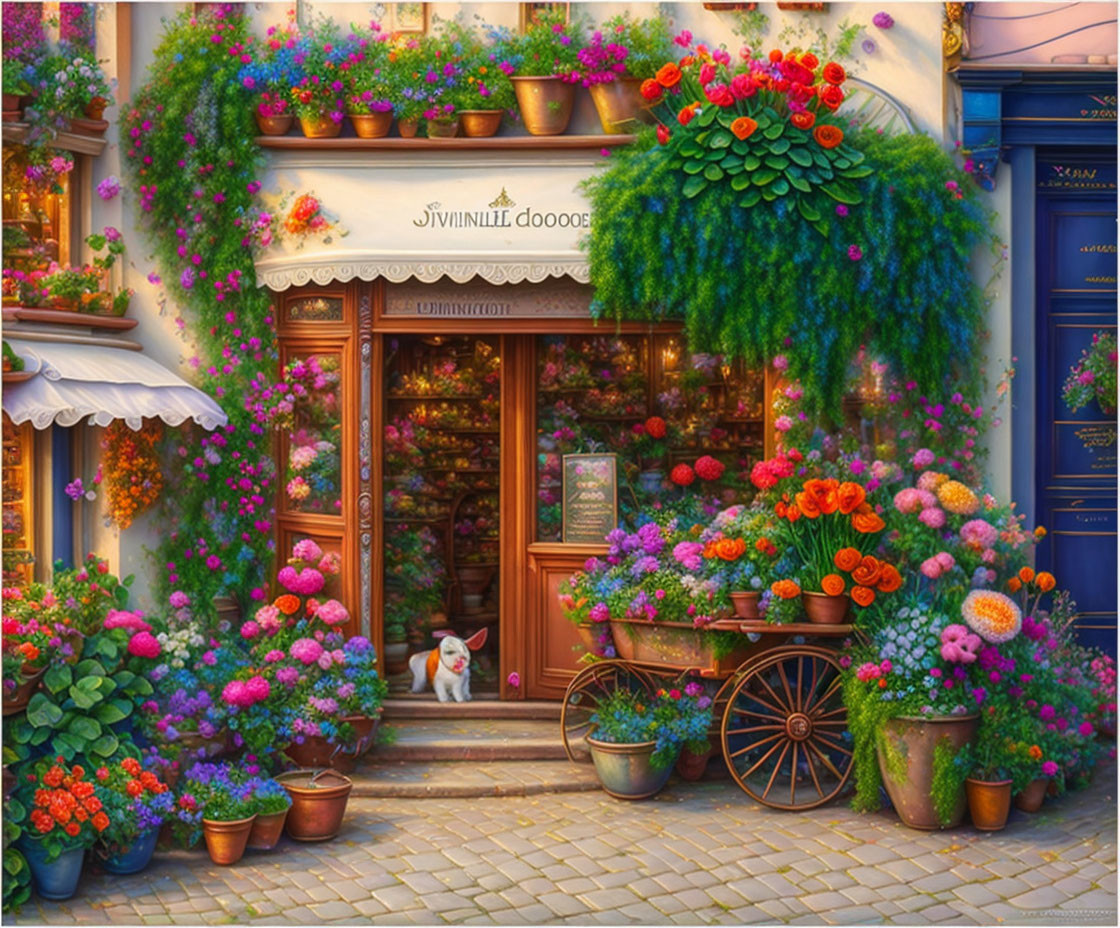 Charming flower shop with vibrant blooms, wooden cart, hanging plants, and a cute dog.