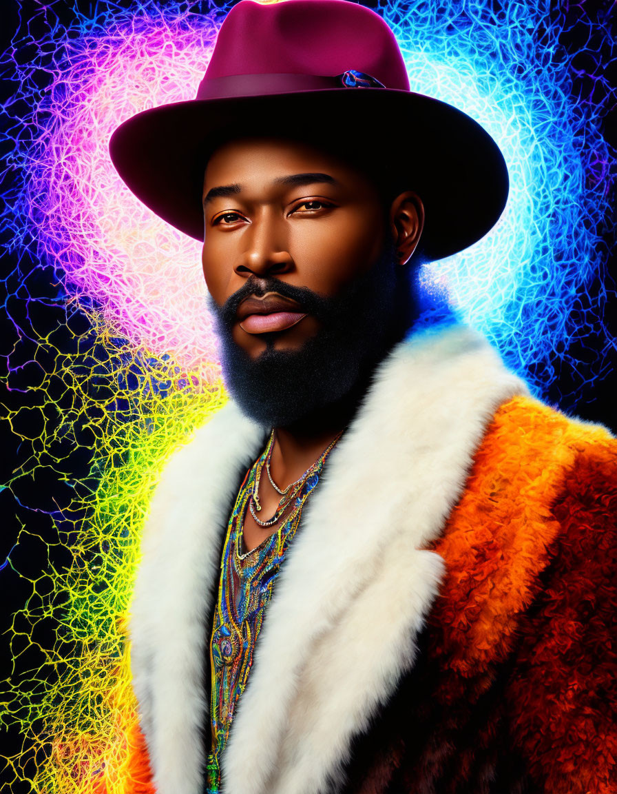 Fashionable man in burgundy hat and colorful fur coat against neon-light backdrop