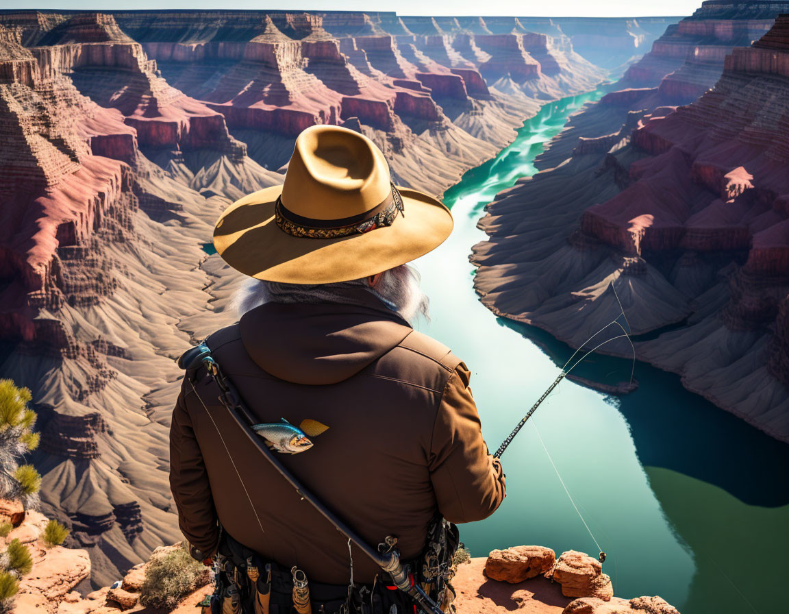 Person in Cowboy Hat and Fish Patch Jacket Fishing from High Cliff Overlooking Grand Canyon River