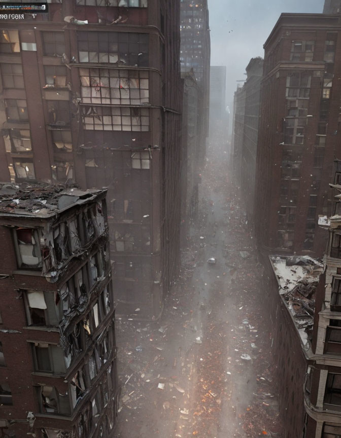 Desolate City Street with Damaged Buildings and Debris