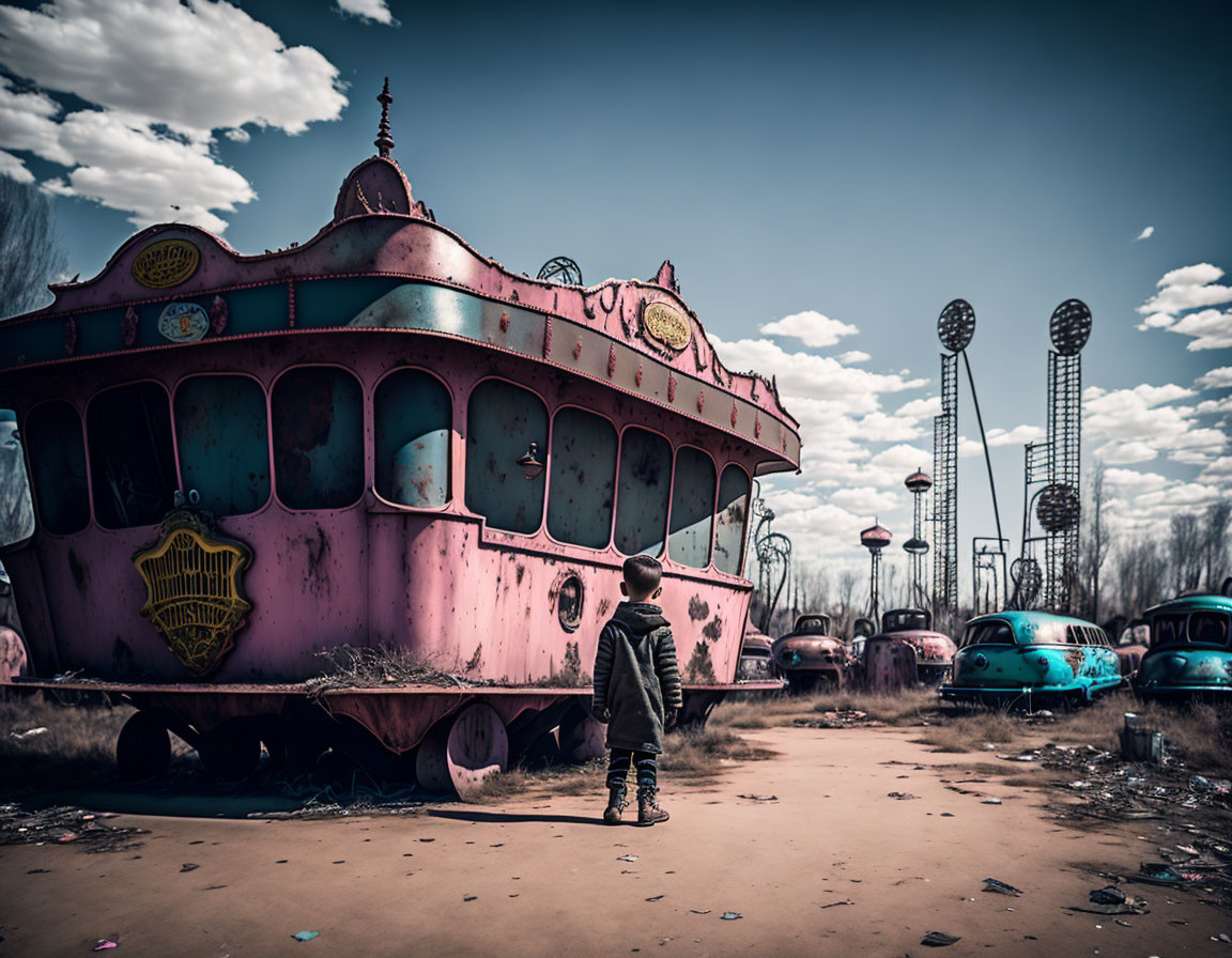 Child standing near decrepit pink carousel and abandoned cars in desolate amusement park