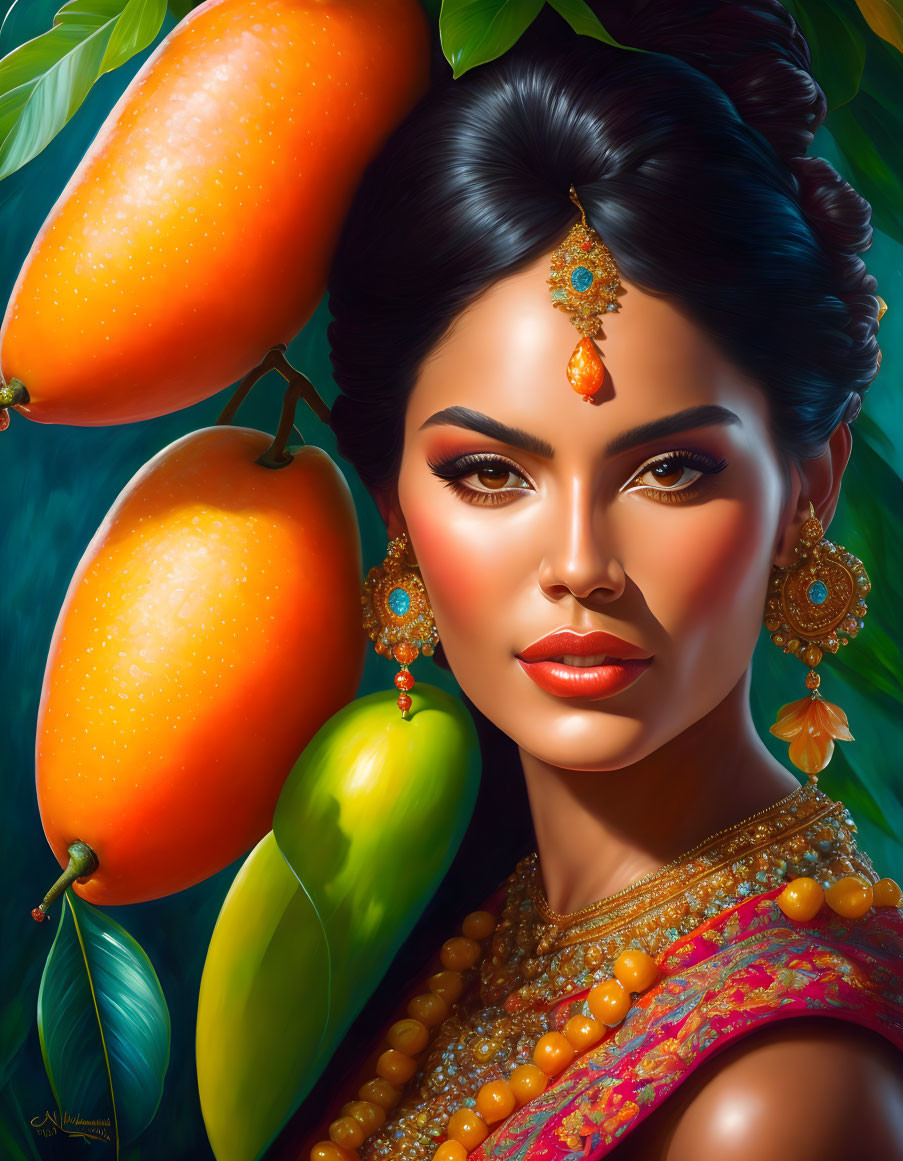 Digital portrait of a woman with South Asian jewelry, mangoes, and green leaves.