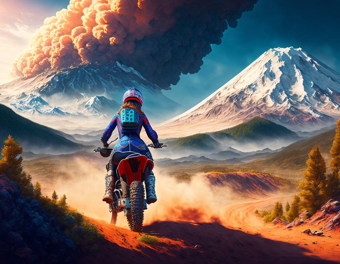 Motorcyclist in protective gear near volcanic eruption with ash cloud and second mountain.