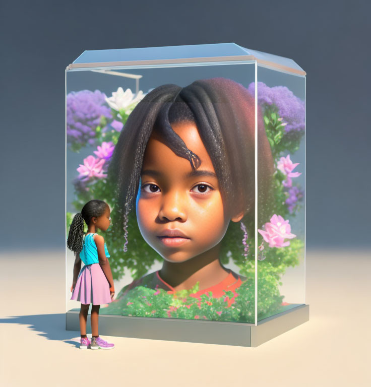 Girl standing before large glass cube with realistic 3D head model surrounded by flowers