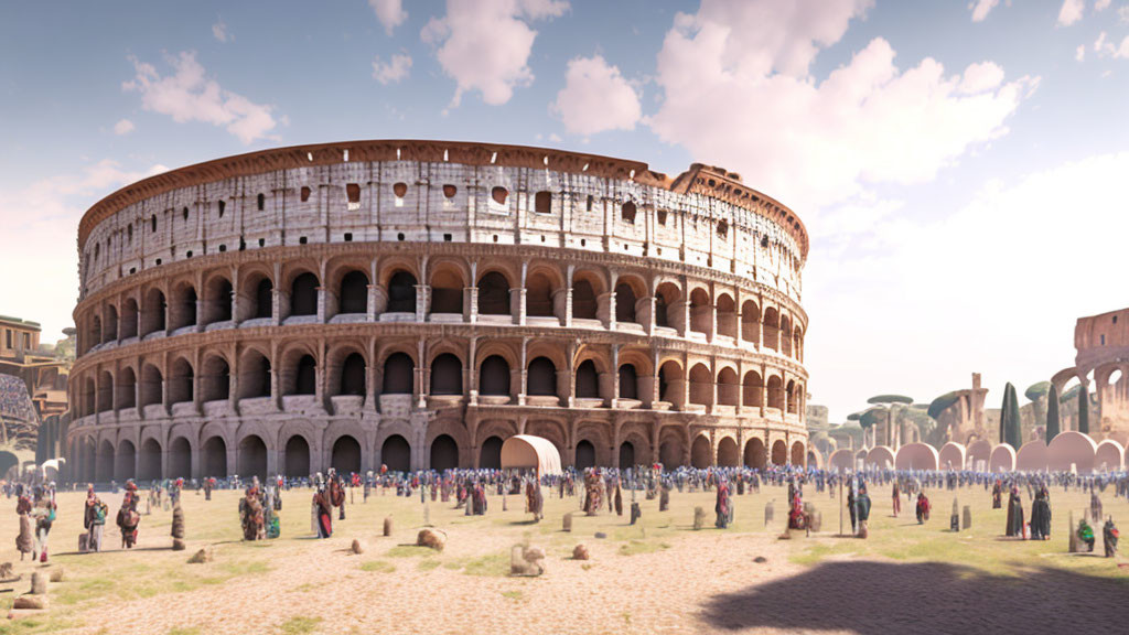 Ancient Roman Colosseum with Visitors Exploring Ruins