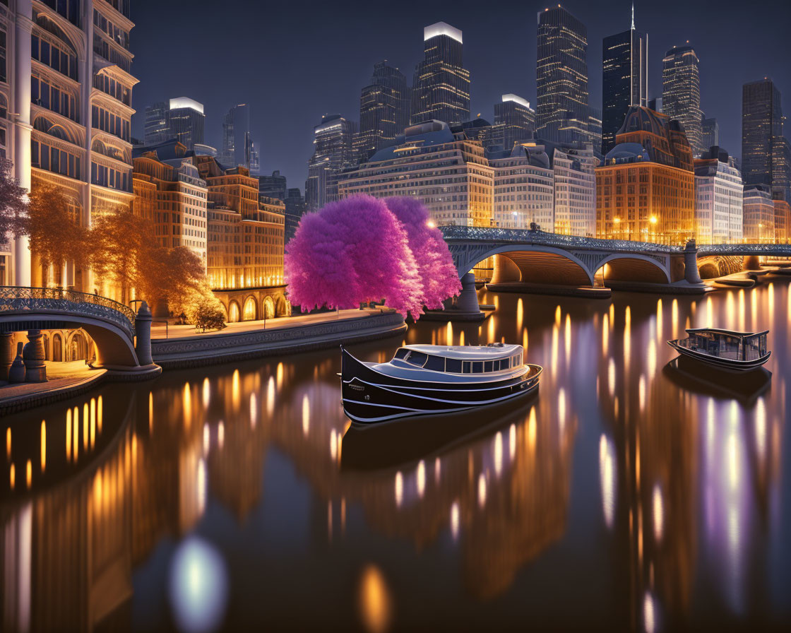 Twilight cityscape with illuminated buildings, pink tree, river, bridges, and boats