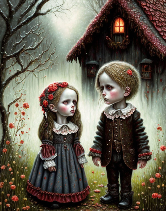 Vintage Attire Children Stand in Front of Quaint House with Red Flowers