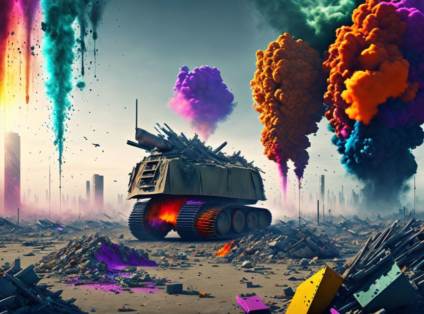 Rocket-propelled tank speeds through colorful smoke in dystopian landscape