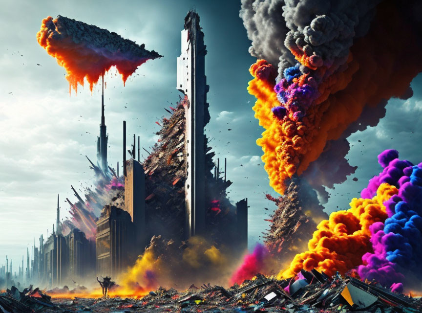 Colorful Apocalyptic Scene with Crumbling Skyscrapers