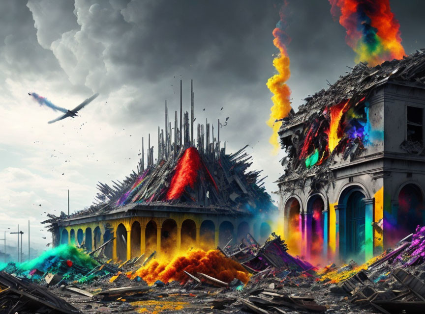 Apocalyptic digital artwork: ruins, rainbow flames, plane, stormy skies