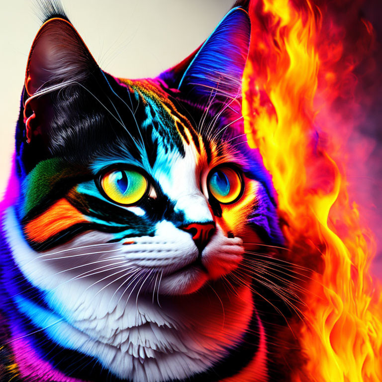 Colorful Rainbow Cat with Yellow Eyes and Flames on Gradient Background