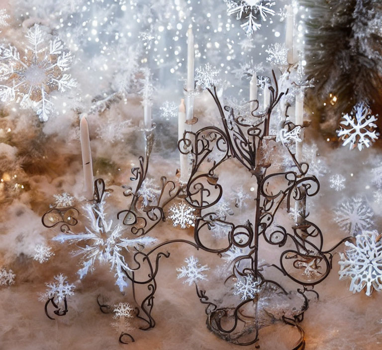 Decorative metal tree, candles, snowflakes, and twinkling lights in festive display