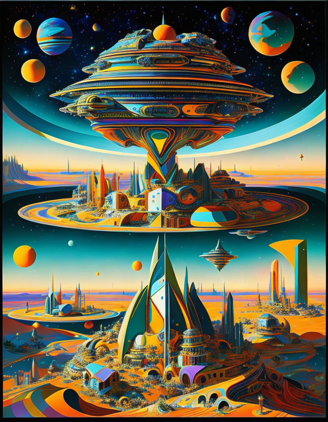 Futuristic cityscape with floating structures and spaceships above alien landscape