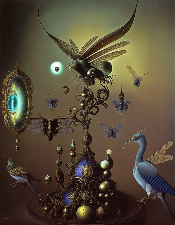 Surreal artwork: Insects, birds, mechanical elements, ornate structure, pearls, eye